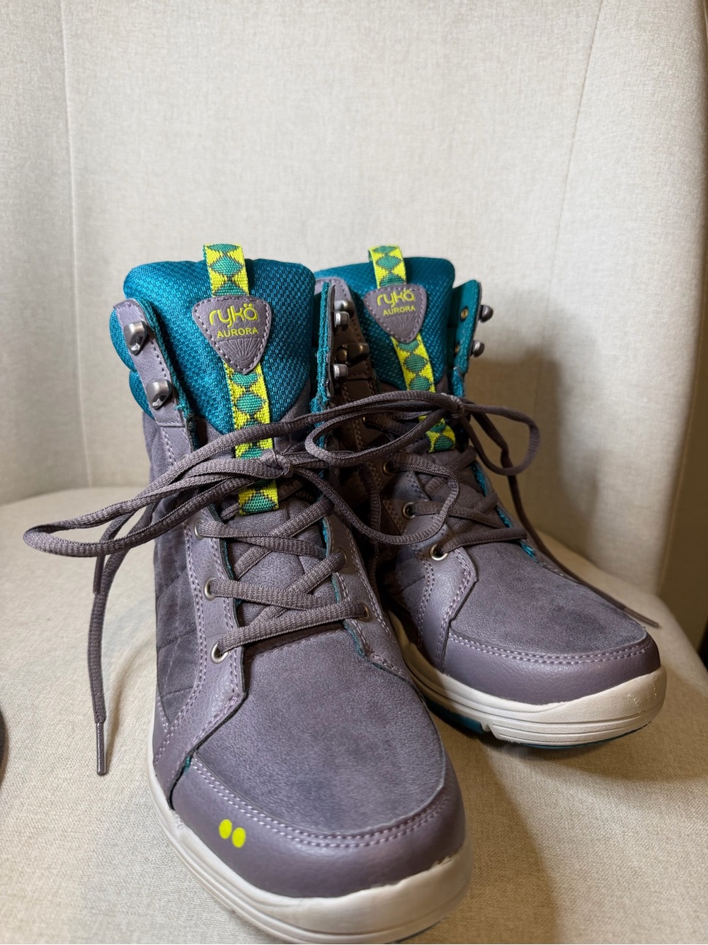 Ryka Women’s Gray-Purple High-Top Boots with Teal and Yellow Accents